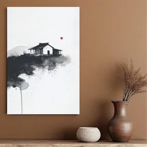 Placa Decorativa Ie Taiyo Pintura de Casa com o Sol ao fundo no Estilo Sumiê