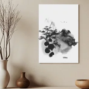 Placa Decorativa Ki Yama Pintura de Árvore em Frente a Montanhas no Estilo Sumiê