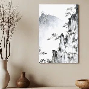 Placa Decorativa Ki Yama Pintura de Árvores nas Montanhas no Estilo Sumiê