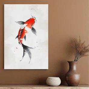 Placa Decorativa Koi Pintura de Carpa Nishikigoi Laranja no Estilo Sumiê