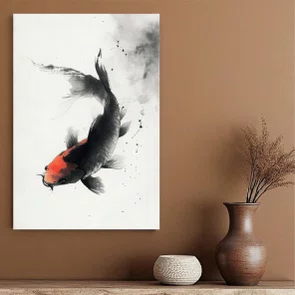 Placa Decorativa Koi Pintura de Carpa Nishikigoi Preta no Estilo Sumiê