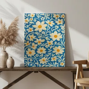 Placa Decorativa Padrão Floral Estilizado: Margaridas Brancas e Amarelas em Fundo de Arabescos Azul-Cobalto
