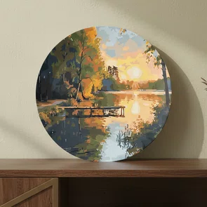 Placa Decorativa Redonda Píer ao Entardecer de Outono