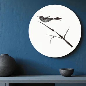 Placa Decorativa Redonda Suzume Pintura de Pardal Pousado em galho no Estilo Sumiê