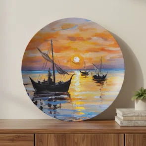 Placa Decorativa Redonda Veleiros no Mar Dourado
