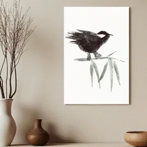 Placa Decorativa Suzume Arte de Pardal Pousado em galho no Estilo Sumiê