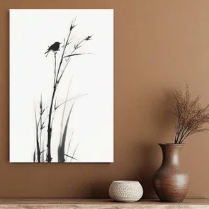 Placa Decorativa Suzume Pintura de Pardal em Meio à Vegetação no Estilo Sumiê