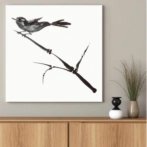 Placa Decorativa Suzume Pintura de Pardal Pousado em galho no Estilo Sumiê
