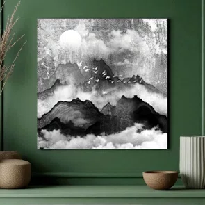 Placa Decorativa Tori Yama Pintura de Montanhas e Pássaros no Estilo Sumiê