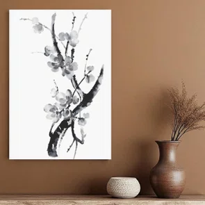 Placa Decorativa Ume Pintura de Amexeira no Estilo Sumiê