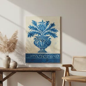 Placa Decorativa Vaso Ornamental em Azul e Branco: Estampa de Acanto e Arabescos Estilo Delft ou Chinesaria