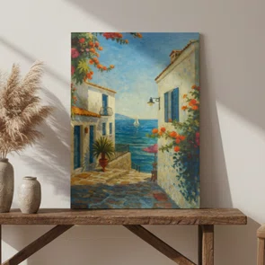 Placa Decorativa Viela Grega ao Mar Azul: Buganvílias e Sol Mediterrâneo
