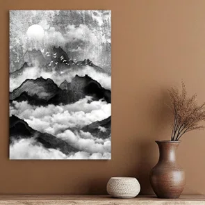 Placa Decorativa Yama Tori Pintura de Montanhas e Pássaros no Estilo Sumiê