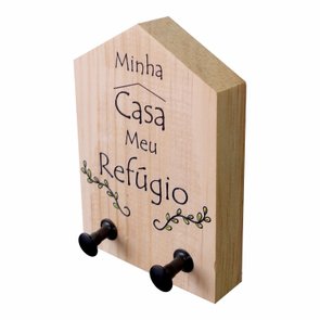Porta Chaves Decorativo em Madeira de Pinus com Estampa - Minha Casa Meu Refúgio Porta Chaves Decorativo em Madeira de Pinus com Estampa - Minha Casa Meu Refúgio