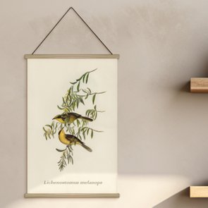 Quadro de Cabide Poster Hanger em Tecido Canvas Passarinhos Amarelos nos Galhos Quadro de Cabide Poster Hanger em Tecido Canvas Passarinhos Amarelos nos Galhos