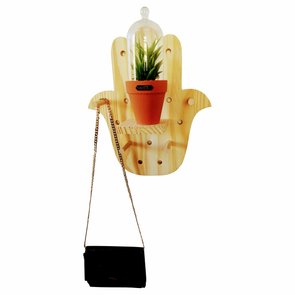 Prateleira Pegboard Mão Hamsa Em Madeira Pinus com 6 Pinos e 1 Prateleira 10cm