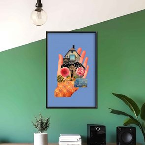 Quadro Decorativo Abstrato Surrealista Mãos Segurando Casa Quadro Decorativo Abstrato Surrealista Mãos Segurando Casa