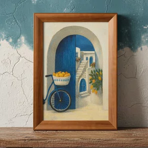 Quadro Decorativo Arco e Portal Azul Bicicleta com Limões em Contraste com a Escadaria Branca