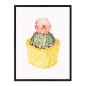 Quadro Decorativo Cactus com Flor Rosa e Vaso Amarelo Quadro Decorativo Cactus com Flor Rosa e Vaso Amarelo