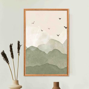 Quadro Decorativo Colinas Com Pássaros Calm Colors Estilo Japandi Quadro Decorativo Colinas Com Pássaros Calm Colors Estilo Japandi