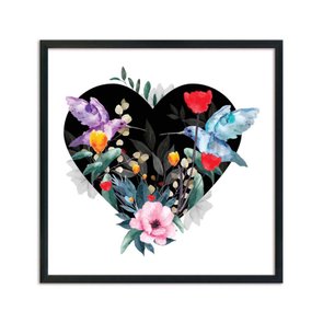 Quadro Decorativo Coração com Folhas e Pássaros Beija Flor Quadro Decorativo Coração com Folhas e Pássaros Beija Flor