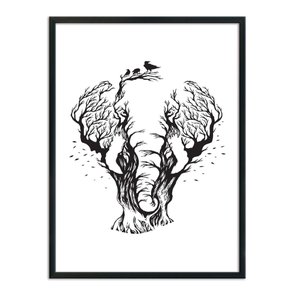 Quadro Decorativo Elefante Abastrato com Pássaros Quadro Decorativo Elefante Abastrato com Pássaros