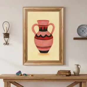 Quadro Decorativo Estilo Pintura Folk Moderna Composição de Vaso sobre Toalha Quadriculada Amarela, com Pinceladas Texturizadas