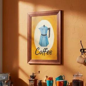 Quadro Decorativo Estilo Pintura Folk Moderna/Retrô Moka Italiana Azul em Círculo Creme com Fundo Laranja Vibrante