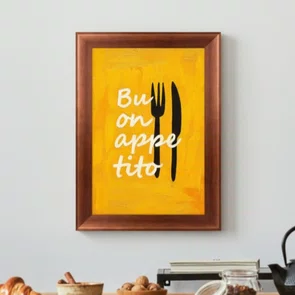 Quadro Decorativo Estilo Pintura Folk Moderno/Pop "Buon Appetito" sobre Fundo Amarelo, com Silhuetas de Talheres e Textura Expressiva