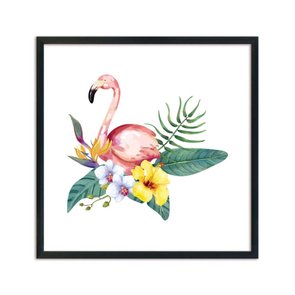 Quadro Decorativo Flamingo Rosa e Flores Watercolor Q3187_1 Quadro Decorativo Flamingo Rosa e Flores Watercolor Q3187_1