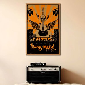 Quadro Decorativo Heavy Metal Laranja Com Guitarra Asas E Crânio Quadro Decorativo Heavy Metal Laranja Com Guitarra Asas E Crânio