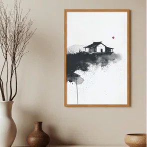 Quadro Decorativo Ie Taiyo Pintura de Casa com o Sol ao fundo no Estilo Sumiê