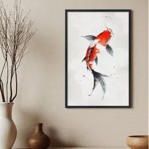 Quadro Decorativo Koi Pintura de Carpa Nishikigoi Laranja no Estilo Sumiê