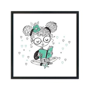 Quadro Decorativo Menina em Leitura com Gatinho Quadro Decorativo Menina em Leitura com Gatinho