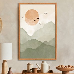 Quadro Decorativo Montanhas Com Sol E Pássaros Aquarela  Estilo Japandi Quadro Decorativo Montanhas Com Sol E Pássaros Aquarela  Estilo Japandi