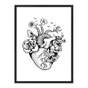 Quadro Decorativo Preto e Branco Coração com Flores Quadro Decorativo Preto e Branco Coração com Flores