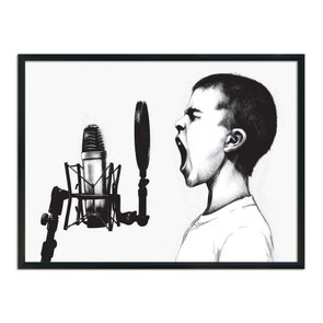 Quadro Decorativo Preto e Branco Menino Gritando ao Microfone Quadro Decorativo Preto e Branco Menino Gritando ao Microfone