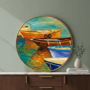 Quadro Decorativo Redondo Barcos Coloridos no Cais