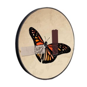 Quadro Decorativo Redondo Borboleta Fita Cinza e Marrom com Moldura em Couro Sintético Quadro Decorativo Redondo Borboleta Fita Cinza e Marrom com Moldura em Couro Sintético