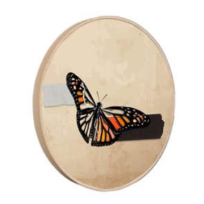 Quadro Decorativo Redondo Borboleta Fita Cinza e Preta com Moldura em Couro Sintético Quadro Decorativo Redondo Borboleta Fita Cinza e Preta com Moldura em Couro Sintético
