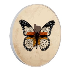 Quadro Decorativo Redondo Borboleta Fitas com Moldura em Couro Sintético Quadro Decorativo Redondo Borboleta Fitas com Moldura em Couro Sintético