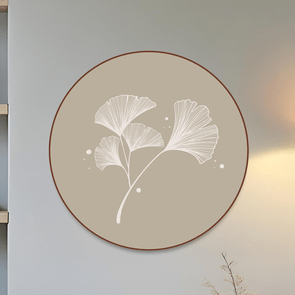 Quadro Decorativo Redondo Folha Ginkgo Biloba Com Moldura Em Couro Sintético Estilo Japandi Quadro Decorativo Redondo Folha Ginkgo Biloba Com Moldura Em Couro Sintético Estilo Japandi