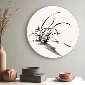 Quadro Decorativo Redondo Furan Pintura de Flor Ornamental Orquídea do Samurai no Estilo Sumiê com Moldura em Couro Sint