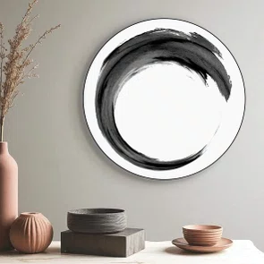 Quadro Decorativo Redondo Inku Traço de Tinta Enso no Estilo Sumiê com Moldura em Couro Sintético