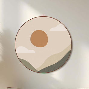 Quadro Decorativo Redondo Sol E Montanhas Com Moldura Em Couro Sintético Estilo Japandi Quadro Decorativo Redondo Sol E Montanhas Com Moldura Em Couro Sintético Estilo Japandi