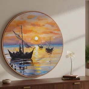 Quadro Decorativo Redondo Veleiros no Mar Dourado