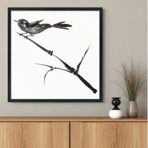 Quadro Decorativo Suzume Arte de Pardal Pousado em galho no Estilo Sumiê