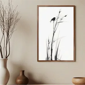 Quadro Decorativo Suzume Pintura de Pardal em Meio à Vegetação no Estilo Sumiê