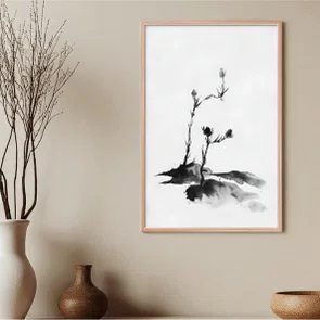 Quadro Decorativo Tsubomi Pintura de Botões de Flores no Estilo Sumiê