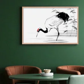 Quadro Decorativo Tsuru Pintura de Grou Japonês no Estilo Sumiê